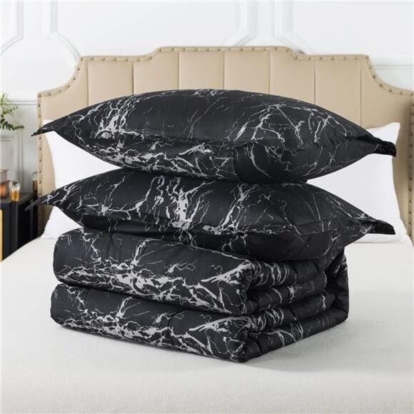 Black Marble Comforter Set Full Size, 3 Pieces Modern Pattern Soft Microfiber - Picture 7 of 8